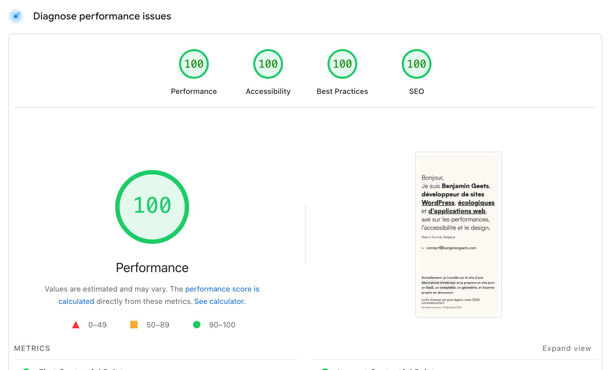 Capture d’écran de l’outil Google Pagespeed Insight du site benjamingeets.com affichant un score de 100/100 dans chaque branche évaluée